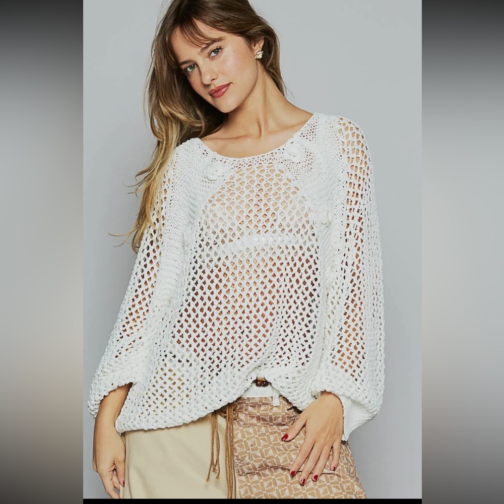 White Open-Knit Scoop Neck Pullover Sweater